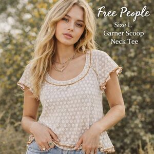 Free People Garner Scoop Neck Tee Semi Sheer Floral Cotton Boho Top women SZ LG